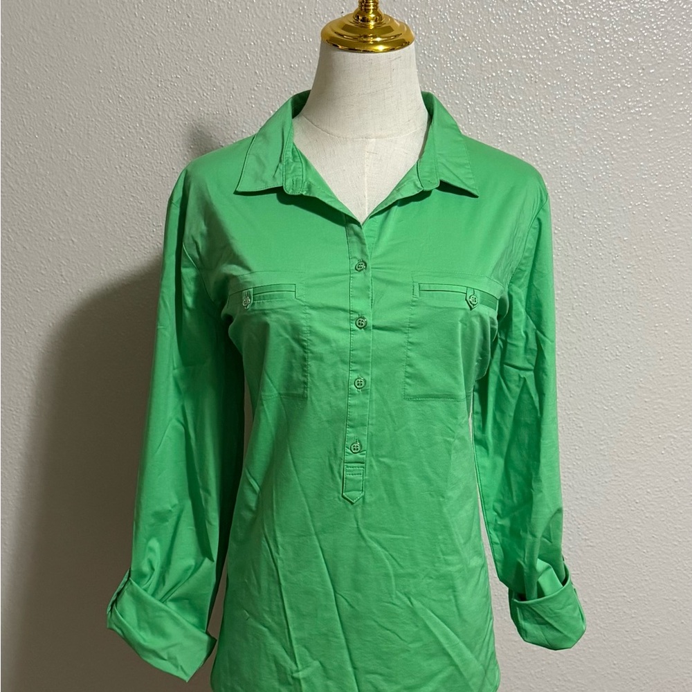 New York & Company 7th Avenue Blouse Womens L Green Button Up Career Top